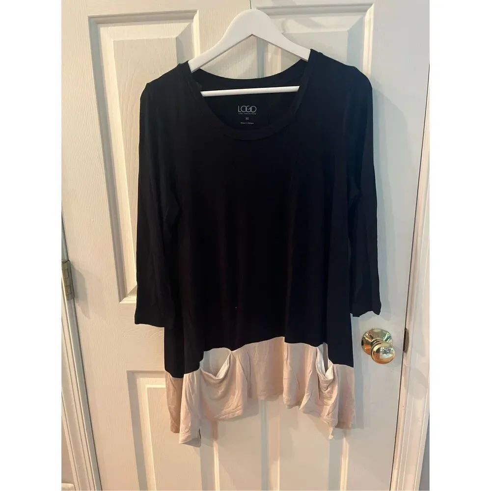 LOGO by Lori Goldstein Black & Tan Low Pocket Slinky Lagenlook Tunic Top…